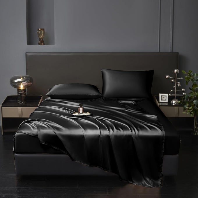 4 PCS FULL SIZE LUXURY SILKY SOFT BLACK SATIN SHEET SET1 PREMIUM MOISTURE WICKING FITTED SHEET FITS UP TO 16 INCHES DEEP POCKET 1 FLAT SHEET 2 PILLOWCASESBLACK FULL