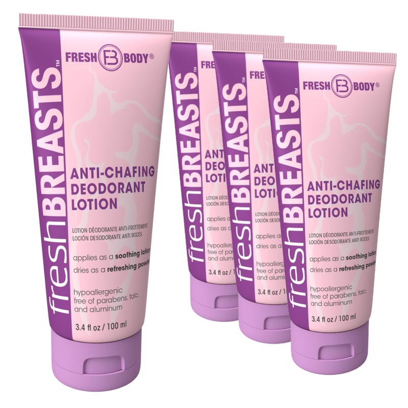Fresh Body FB Fresh Breasts Anti-Chafing Deodorant Lotion to Powder, 3.4 Fl Oz (4 Pack) Anti Chafe Cream Whole Body Deodorant for Women, Inner Thighs & Areas that Sweat, No Talc, Aluminum & Fragrance