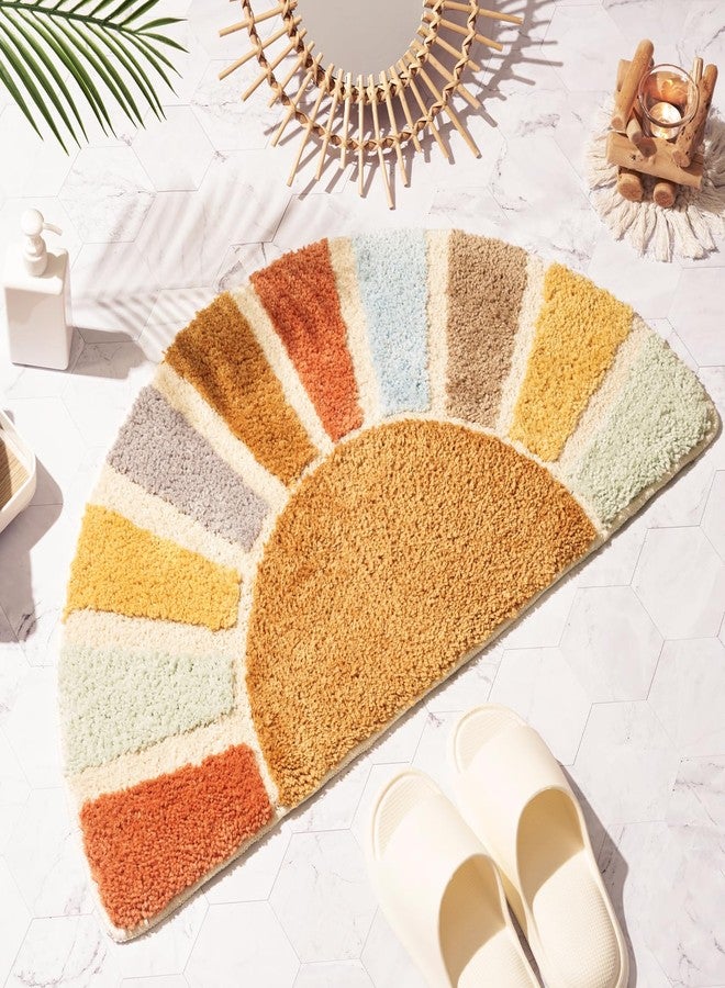 DyeFury Large 37" x 20" Sunrise Boho Bathroom Rugs,Half Circle Bath Mat Cute,Sun Bath Mats,Retro Bohemian Half Round Home Bathroom Decor,Small Colorful Fun Semi Round Shower Rug Non-Slip - Image 1