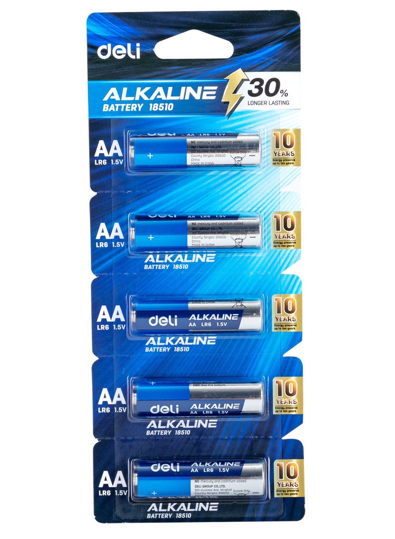 Deli E18510 AA 1.5V Alkaline Battery Blue, 5PCS/Blister Card – Perfect for Office Equipment, Toys & Home Devices - Image 1