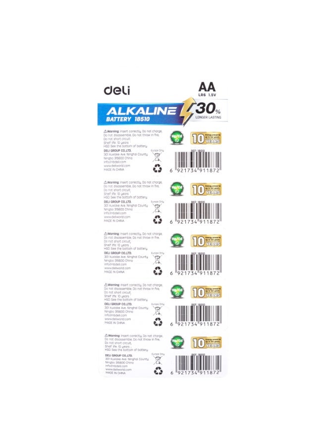 Deli E18510 AA 1.5V Alkaline Battery Blue, 5PCS/Blister Card – Perfect for Office Equipment, Toys & Home Devices - Image 3
