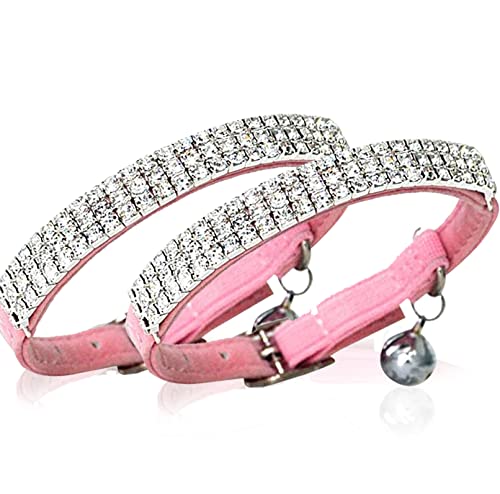 CHUKCHI Soft Velvet Safe Cat Adjustable Collar Bling Diamante with Bells,11 inch for Small Dogs and Cats (Pink- 2 Pack) - Image 1