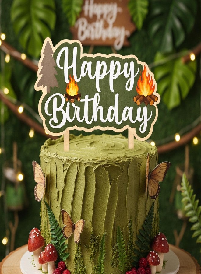 MZ.ogm Camping Wooden Cake Topper - Camping Bithday Party Decorations One Happy Camper Woodland Cake Decorations Happy Camper Decor for Camp Forest Themed Party - Image 4