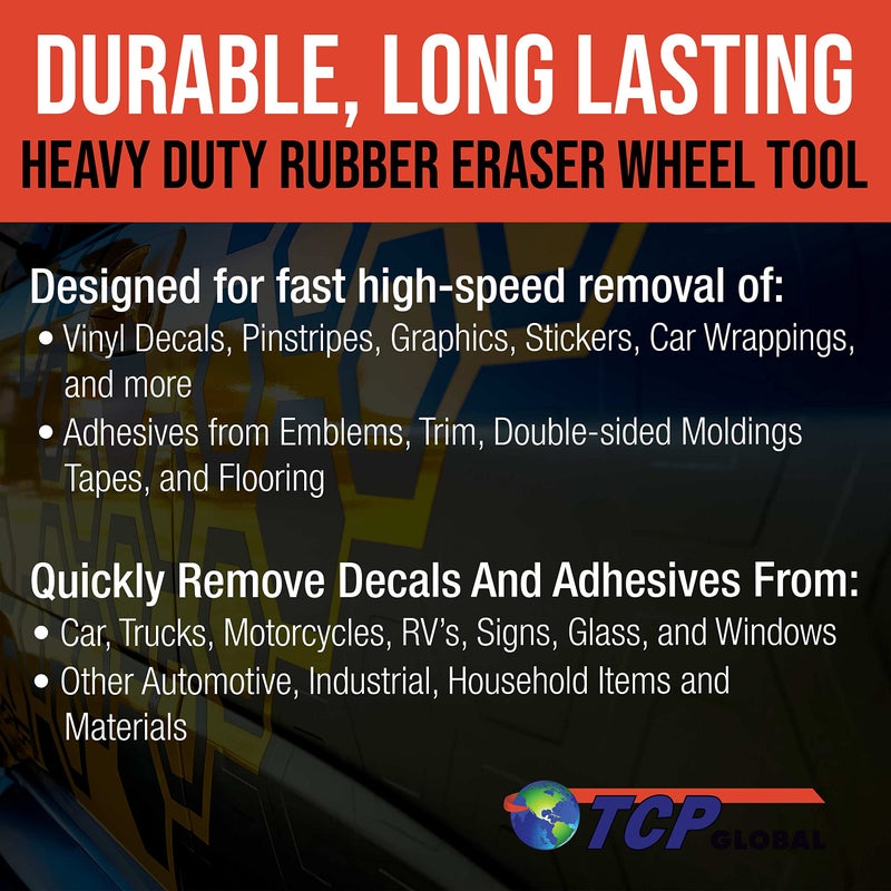 TCP Global TCP Global Heavy Duty Rubber Eraser Wheel, 4” Slotted Edge Pad with Drill Adapter - Adhesive Remover Tool, Remove Vinyl Decals, Pinstripes, Stripes, Stickers, Graphics Removal Auto Car Truck RV Signs  - Image 4