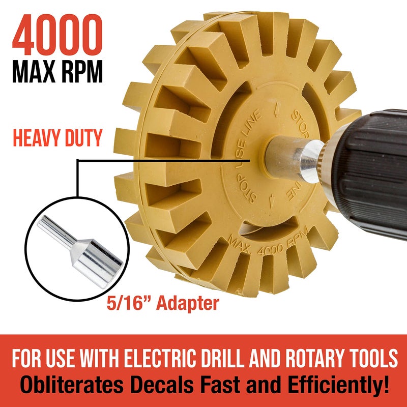TCP Global TCP Global Heavy Duty Rubber Eraser Wheel, 4” Slotted Edge Pad with Drill Adapter - Adhesive Remover Tool, Remove Vinyl Decals, Pinstripes, Stripes, Stickers, Graphics Removal Auto Car Truck RV Signs  - Image 2