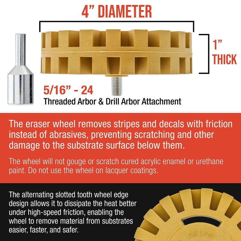 TCP Global TCP Global Heavy Duty Rubber Eraser Wheel, 4” Slotted Edge Pad with Drill Adapter - Adhesive Remover Tool, Remove Vinyl Decals, Pinstripes, Stripes, Stickers, Graphics Removal Auto Car Truck RV Signs  - Image 3
