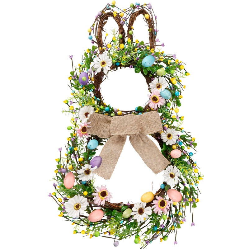 Sggvecsy 25 Inch Easter Bunny Shaped Artificial Flower Wreath with Colorful Berries Daisies Greenery Bow Knot for Front Door Easter Summer Farmhouse Wall Home Window Decor - Image 2