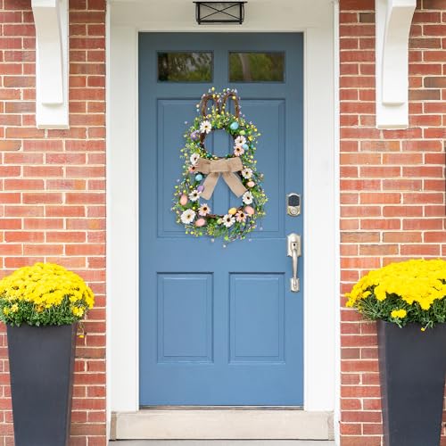 Sggvecsy 25 Inch Easter Bunny Shaped Artificial Flower Wreath with Colorful Berries Daisies Greenery Bow Knot for Front Door Easter Summer Farmhouse Wall Home Window Decor - Image 3
