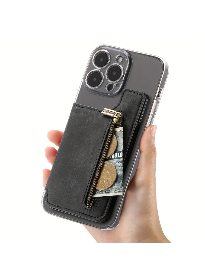 Mobile phone back sticker card holder zipper wallet card holder sticky portable black, suitable for most mobile phone models, can be used as a mobile phone holder when opened  - Image 3