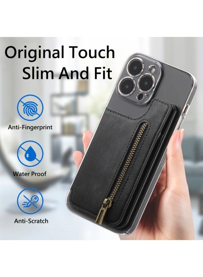 Mobile phone back sticker card holder zipper wallet card holder sticky portable black, suitable for most mobile phone models, can be used as a mobile phone holder when opened  - Image 2