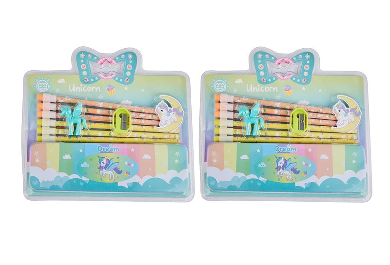 GETHOME Gethome Unicorn Dream Stationery Pencil Set Combo with Metal Compass 6 Colorful Pencils Sharpener Eraser for School Kids Fun and Functional School Supplies Stationary Pack Of 2  - Image 1