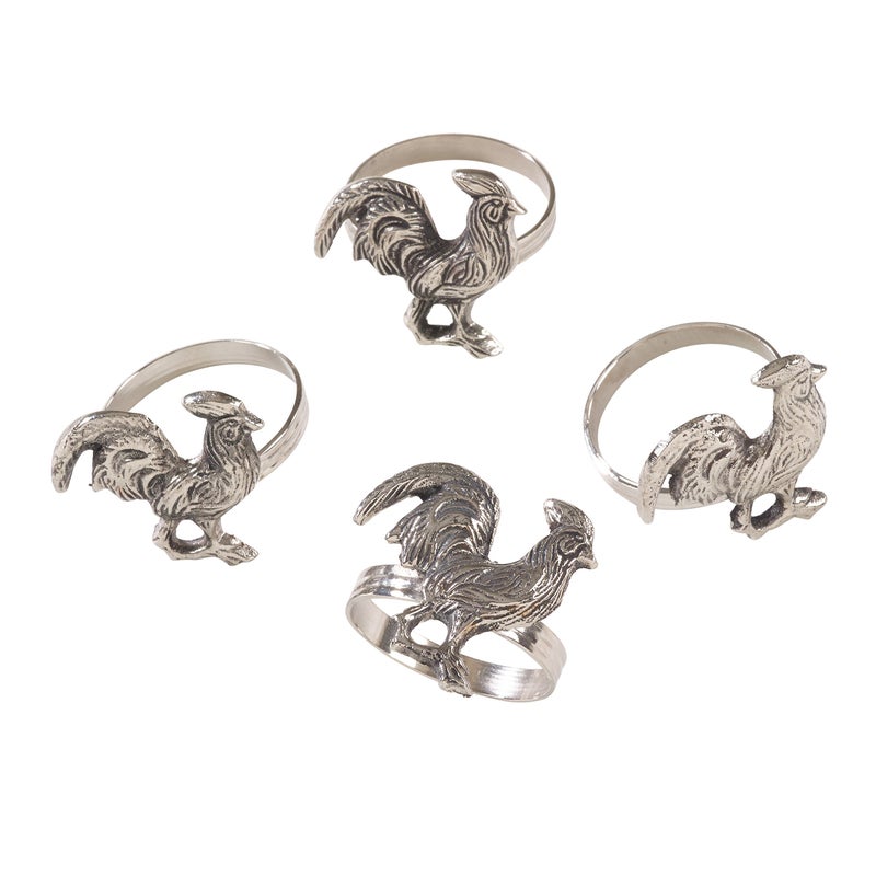 SARO LIFESTYLE NR252.SS Rooster Design Farmhouse Style Napkin Ring-Set of 4  Silver  2.5"" x 3.5"" - Image 1