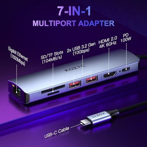 KOZYC USB C Hub Ethernet Multiport Adapter, KOZYC 7-in-1 USB C Hub with HDMI 4K@60Hz, 1Gbps Ethernet, 100W PD, 2 USB 3.2 Gen2 10Gbps Data, SD/TF Card Slots Port, Compatible with MacBook Air/Pro, XPS13/15 - Image 2