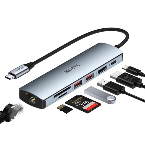 KOZYC USB C Hub Ethernet Multiport Adapter, KOZYC 7-in-1 USB C Hub with HDMI 4K@60Hz, 1Gbps Ethernet, 100W PD, 2 USB 3.2 Gen2 10Gbps Data, SD/TF Card Slots Port, Compatible with MacBook Air/Pro, XPS13/15 - Image 1