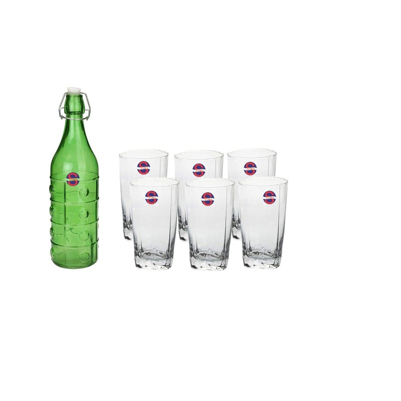 Somil Glass and Bottle Water Other Hot Cold Beverage Serving Set for Home Bar Restaurant 6 Glasses 1 Lt Bottle Green Transparent - Image 1