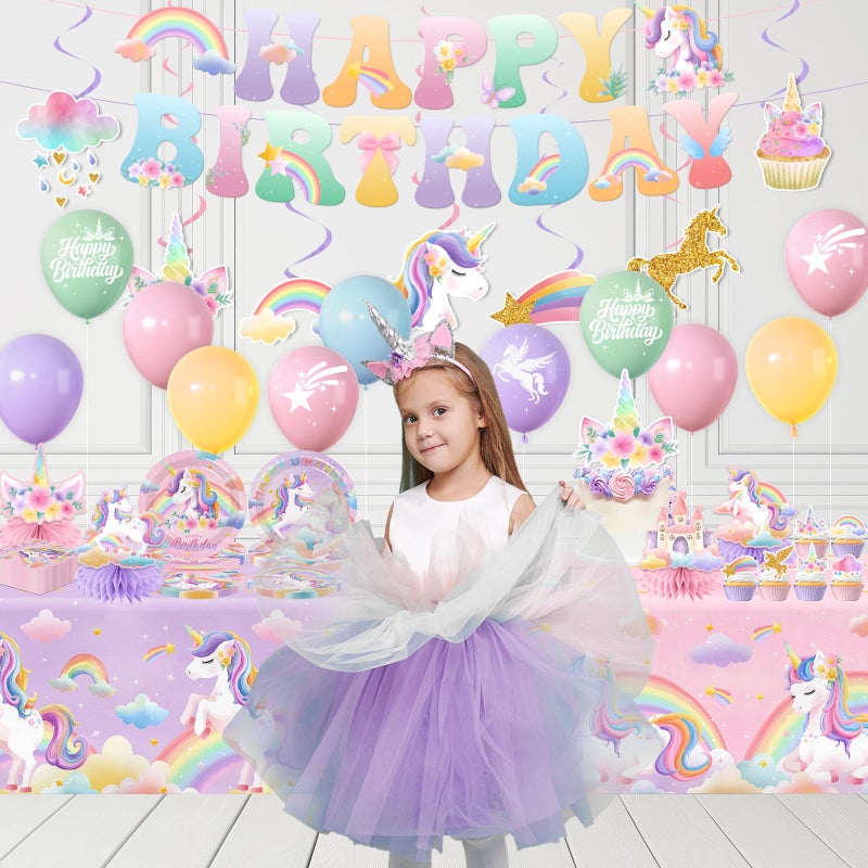 Cextoga Unicorn Birthday Decorations,189pcs Unicorn Party Decorations Tableware Unicorns Plates and Napkins Cups Tablecloth Banner Hanging Swirls Cake Topper for Rainbow Girls Birthday Party Supplies,Serve 24 - Image 3