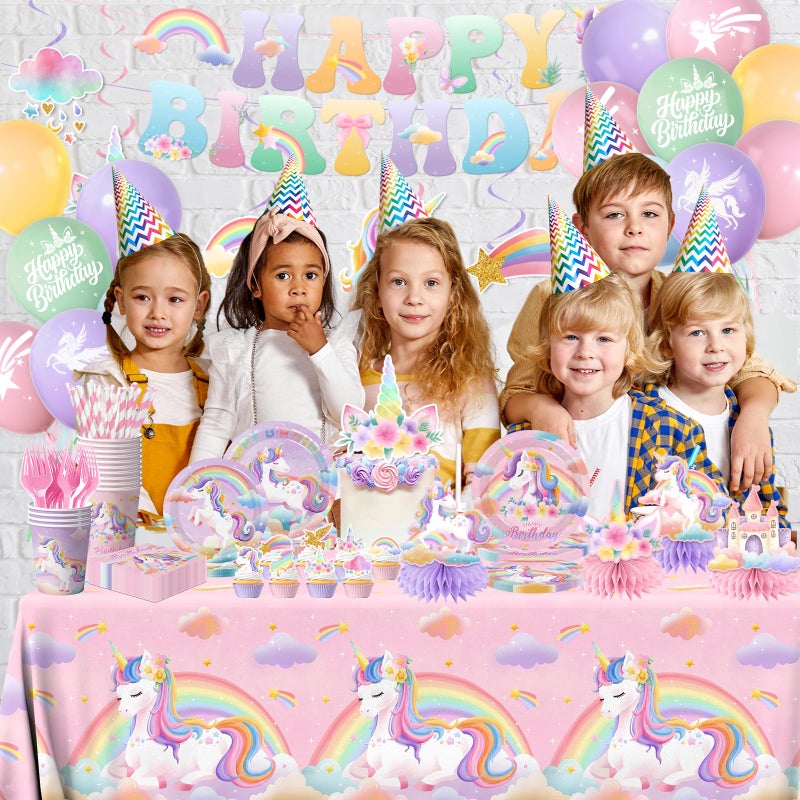 Cextoga Unicorn Birthday Decorations,189pcs Unicorn Party Decorations Tableware Unicorns Plates and Napkins Cups Tablecloth Banner Hanging Swirls Cake Topper for Rainbow Girls Birthday Party Supplies,Serve 24 - Image 2