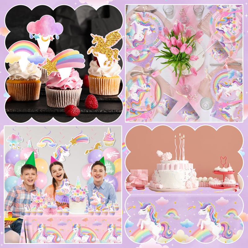 Cextoga Unicorn Birthday Decorations,189pcs Unicorn Party Decorations Tableware Unicorns Plates and Napkins Cups Tablecloth Banner Hanging Swirls Cake Topper for Rainbow Girls Birthday Party Supplies,Serve 24 - Image 5