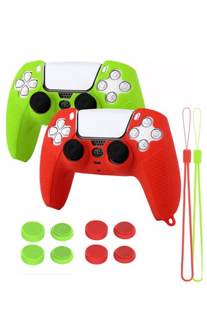 2 Set Controller Cover Skin Case + 8 Thumb Grips Set, Luminous Compatible with Sony PS5 Playstation 5 - Protective Soft Silicone Gel u0026 Anti-Slip Stick Caps Accessories for Video Games Gamepad (Red,  Luminous Green) - Image 1