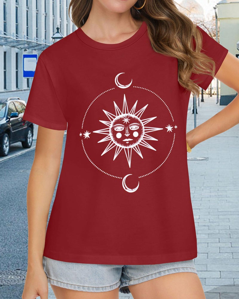 rosemia T Shirts for Women Summer Short Sleeve Crewneck Casual Cute Graphic Basic Tees Tops, Red Sun Moon, L - Image 3
