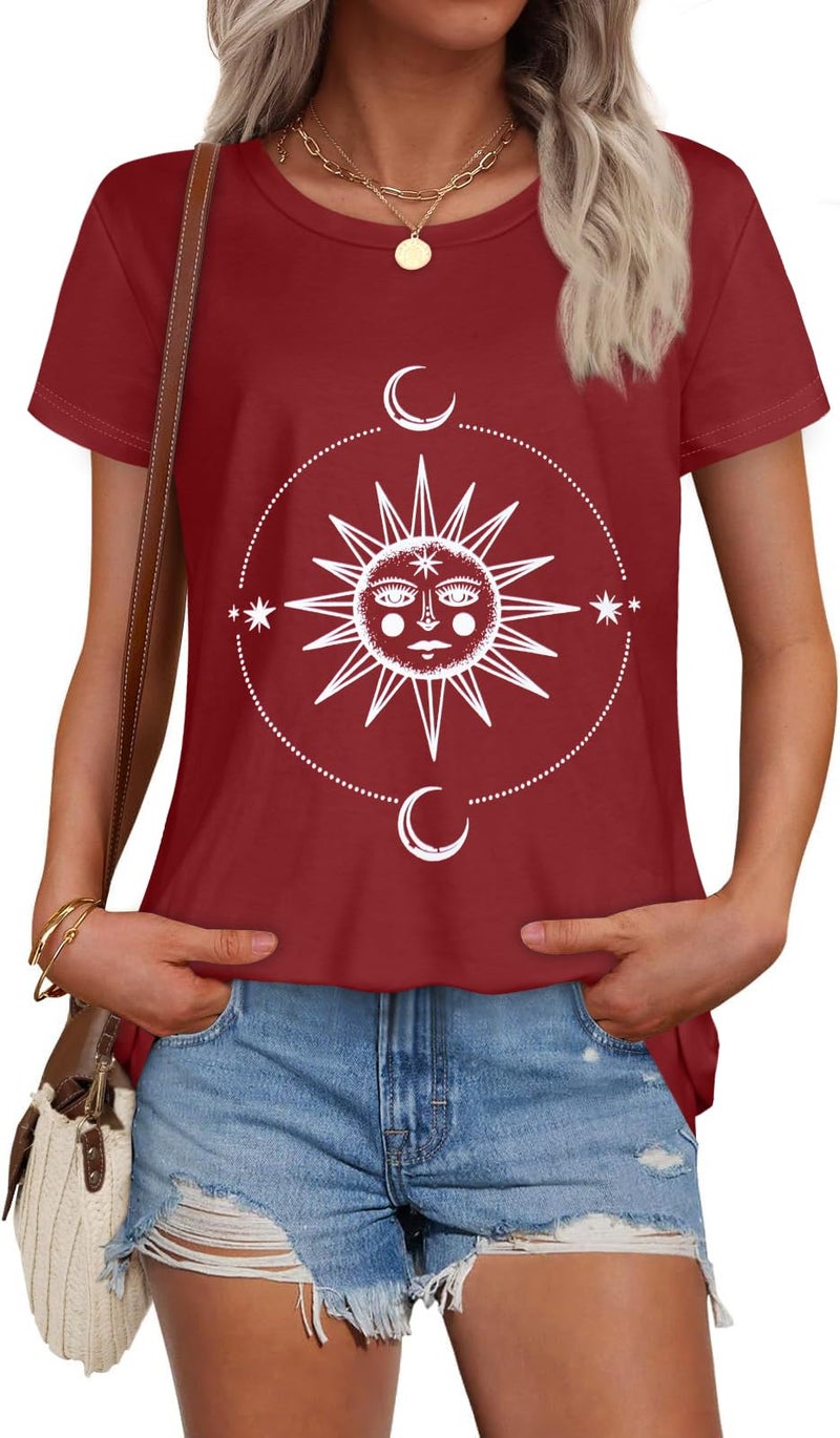 rosemia T Shirts for Women Summer Short Sleeve Crewneck Casual Cute Graphic Basic Tees Tops, Red Sun Moon, L - Image 1