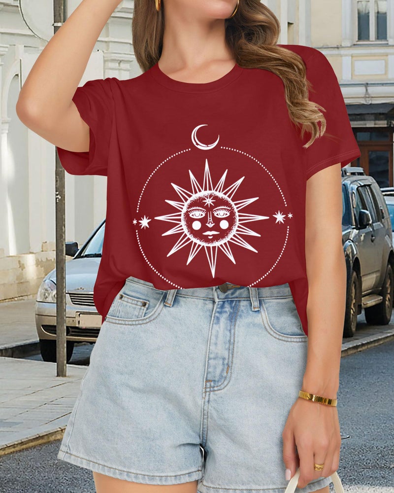 rosemia T Shirts for Women Summer Short Sleeve Crewneck Casual Cute Graphic Basic Tees Tops, Red Sun Moon, L - Image 4