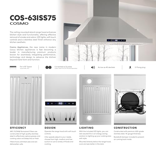 COSMO COS-63ISS75 30 in. Lumin Collection 380 CFM Ducted Island Range Hood, Soft Touch Controls, LED Lights, Stainless Steel - Image 3