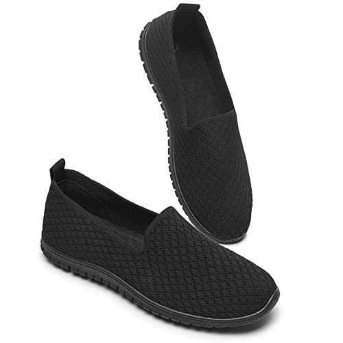 BABUDOG Women's Mesh Flats Shoes Breathable Slip on Shoes Casual Black and White Flats Comfortable Walking Shoes(Black.US10) - Image 1