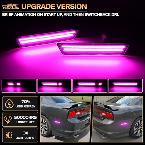 FetonAuto Sequential LED Rear Bumper Pink Purple Side Marker Lights for 2011-2014 Dodge Charger & 2008-2014 Dodge Challenger 2PCS, Smoked Lens, Dynamic Scan - Image 2