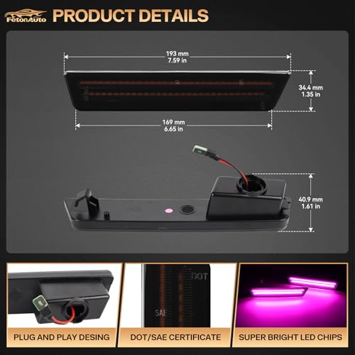 FetonAuto Sequential LED Rear Bumper Pink Purple Side Marker Lights for 2011-2014 Dodge Charger & 2008-2014 Dodge Challenger 2PCS, Smoked Lens, Dynamic Scan - Image 3