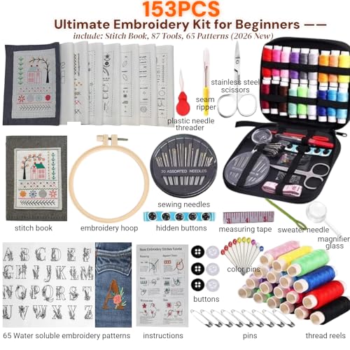 Spazoro 2026 Upgraded Embroidery Stitch Book Complete Kit for Beginners Includes Embroidery Hoop86 Tools65 WaterSoluble Patterns 106 Stitches With GuidesPortable Craft Set for Adults DIY Lovers - Image 3