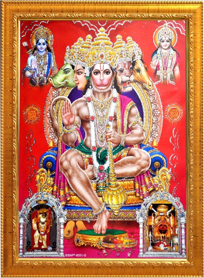 CRAFT QUEST Panchmukhi Hanuman JI | Bajrangbali Religious Photo frame Home Decorative Item Synthetic Wood (Golden, 6 X 8 Inches, Framed) - Image 1