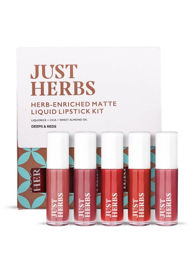 Just Herbs مجموعة أحمر الشفاه السائل الأيورفيدي من 5 قطع مع لون شفاه خفيف ومرطب يدوم طويلاً وألوان عميقة وحمراء وخالية من البارابين والسيليكون - Image 2