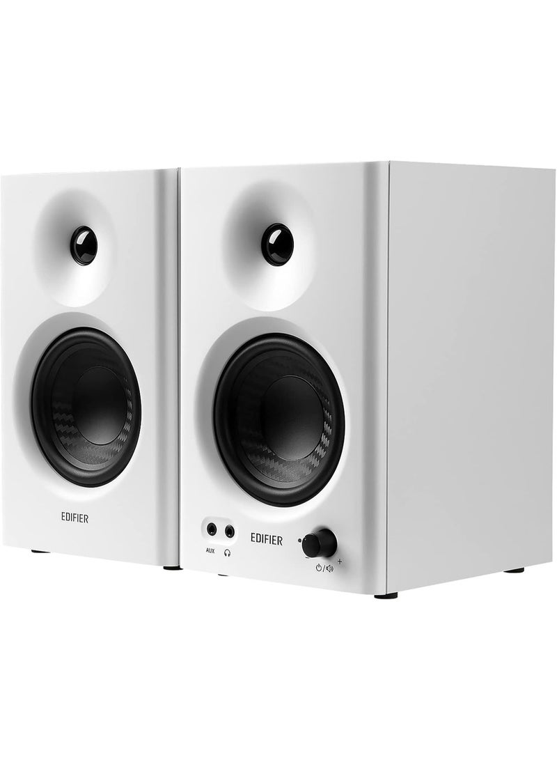 اديفير مكبرات صوت استوديو Edifier MR4، مزودة بمضخم صوت 4 بوصة ومكبر صوت عالي التردد بقبة حريرية 1 بوصة، وهياكل خشبية من MDF، وأنماط تشغيل/إيقاف، ومخرج AUX أمامي ومخرج سماعة رأس، لون أبيض - Image 1