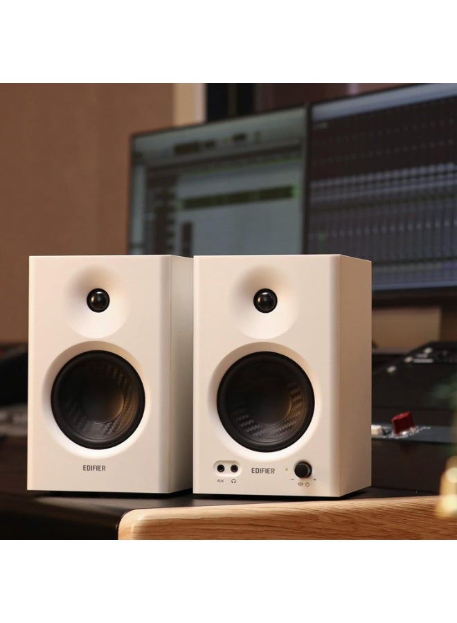 اديفير مكبرات صوت استوديو Edifier MR4، مزودة بمضخم صوت 4 بوصة ومكبر صوت عالي التردد بقبة حريرية 1 بوصة، وهياكل خشبية من MDF، وأنماط تشغيل/إيقاف، ومخرج AUX أمامي ومخرج سماعة رأس، لون أبيض - Image 4