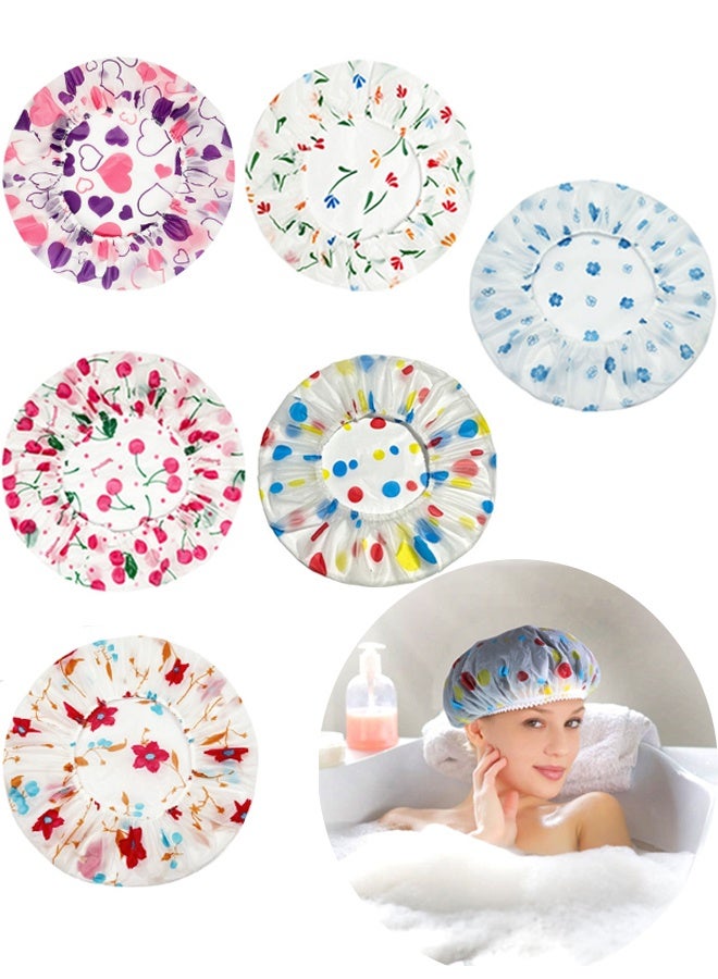 6 قطع غطاء الدش البلاستيكي EVA المضاد للماء، غطاء الشعر المرن القابل لإعادة الاستخدام، صالون التجميل أغطية الدش الشريط المرن الزهرة طباعة قبعة حماية البيئة غطاء دش منقط الشعر - Image 1