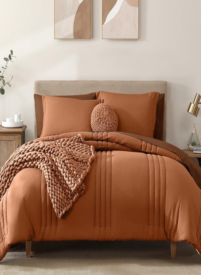 Monbix Oversized Queen Comforter Set - 7 Pieces Burnt Orange Bed in a Bag Queen Bedding Sets with Comforters, All Seasons Down Alternative Comforter Bed Set with Sheets,Pillowcases & Shams - Image 1