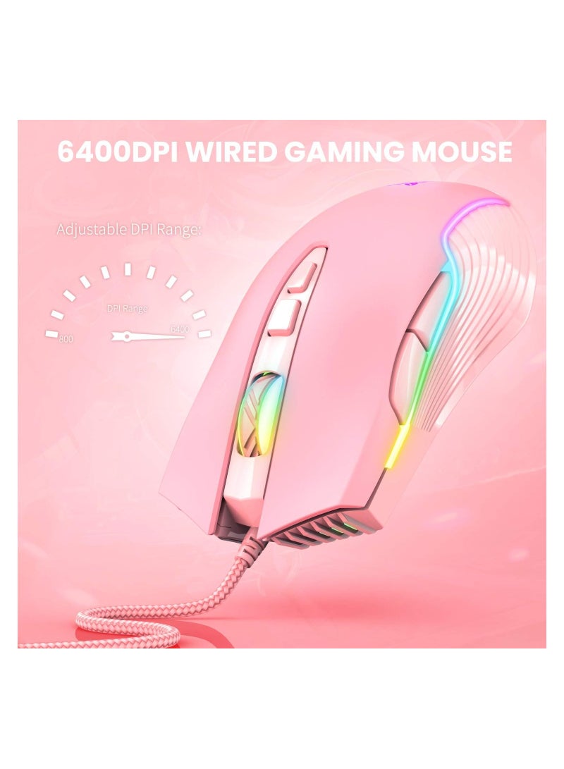 ماوس ألعاب سلكي بدقة 6400 نقطة في البوصة مزود بمصباح LED بألوان RGB وتنفّس ضوئي وسبعة أزرار تصميم جذاب باللون الوردي مناسب لأجهزة الكمبيوتر الشخصية واللابتوب - Image 5
