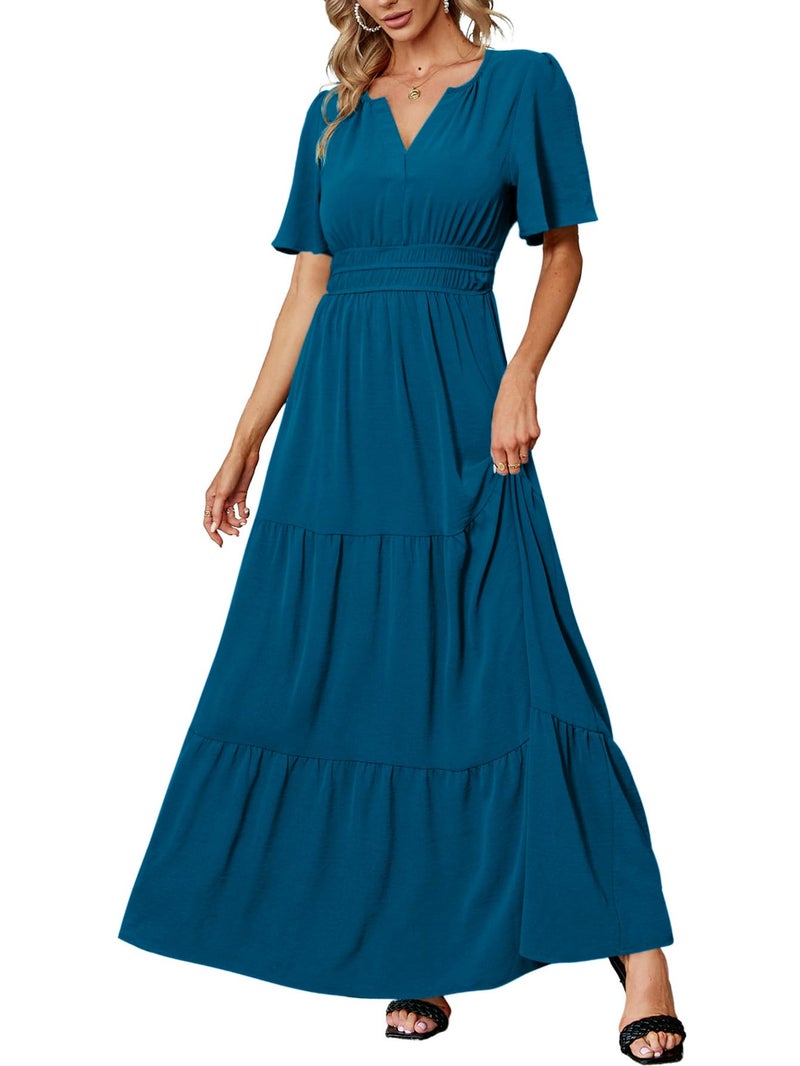 Amegoya Women's Fall Long Flowy Maxi Dresses Casual High Waist V Neck Maxi Dress Bump Friendly Wedding Guest Dress (Lake Blue XL) - Image 1