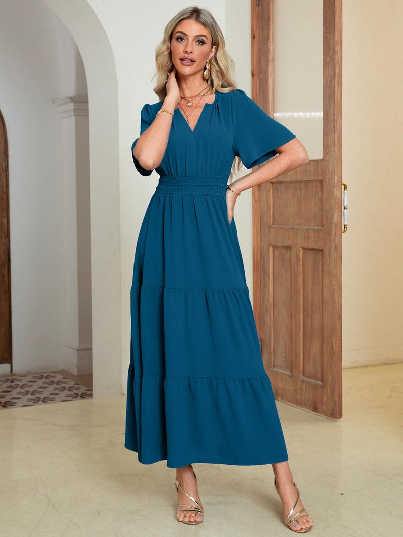 Amegoya Women's Fall Long Flowy Maxi Dresses Casual High Waist V Neck Maxi Dress Bump Friendly Wedding Guest Dress (Lake Blue XL) - Image 2