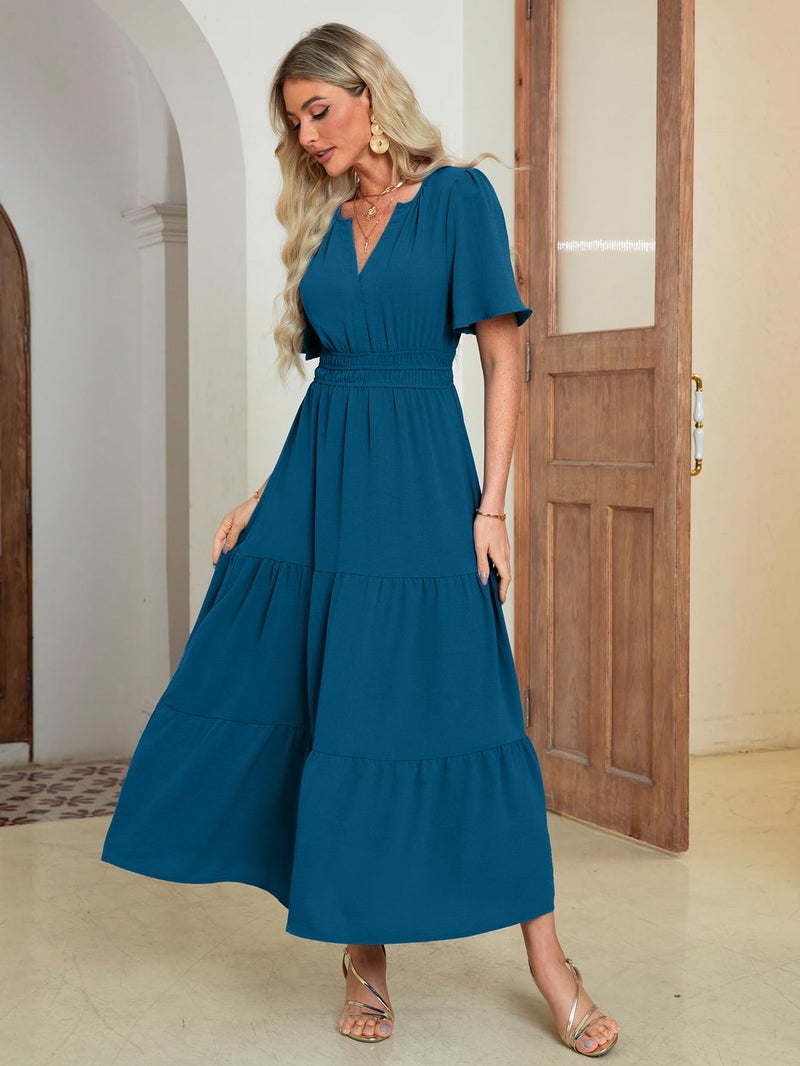 Amegoya Women's Fall Long Flowy Maxi Dresses Casual High Waist V Neck Maxi Dress Bump Friendly Wedding Guest Dress (Lake Blue XL) - Image 3