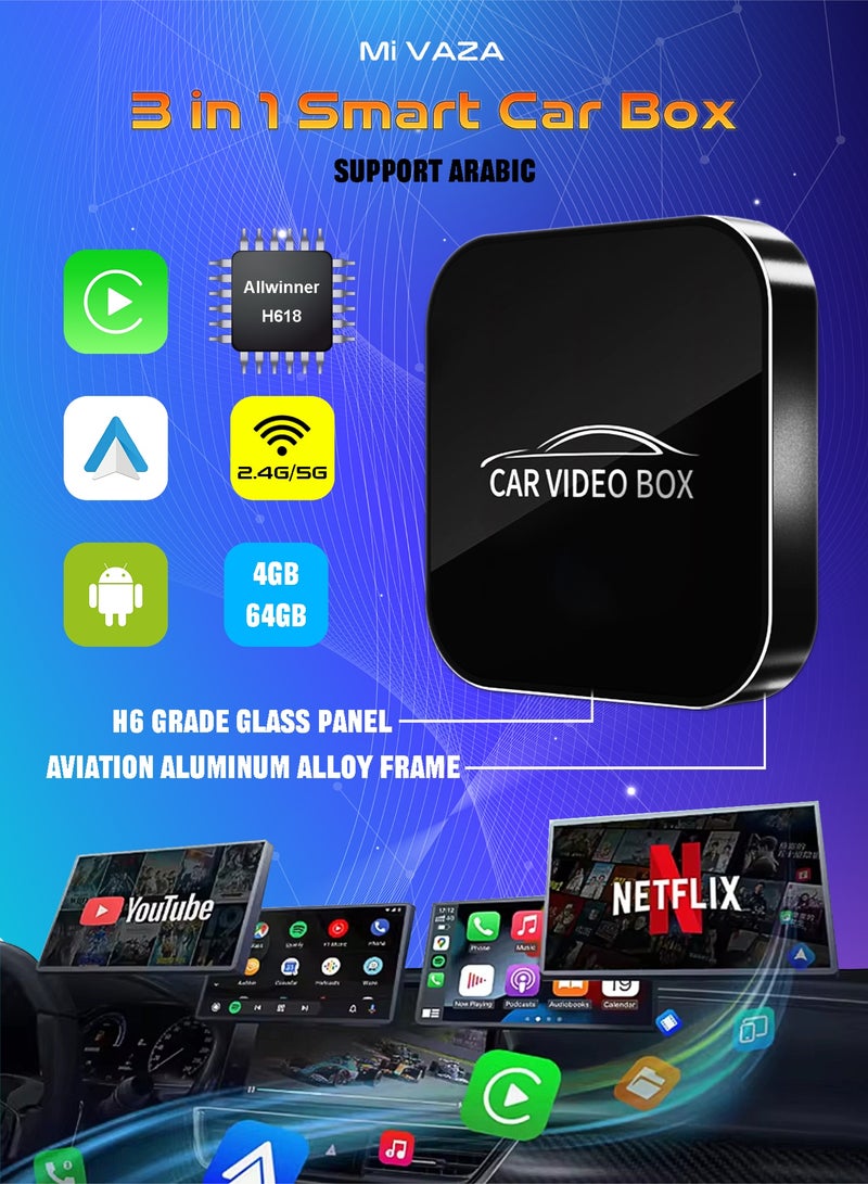 مي فازا صندوق سيارة ذكي 3 في 1 - يدعم CarPlay اللاسلكي وAndroid Auto اللاسلكي - نظام Android 12.0 مدمج - إطار من سبائك الألومنيوم - محول سيارة مع Netflix YouTube - صندوق فيديو السيارة - يدعم بطاقة TF - يحول CarPlay السلكي إلى لاسلكي لأجهزة iPhone / Android - Image 1