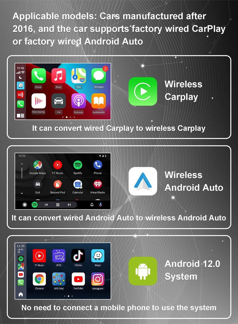 مي فازا صندوق سيارة ذكي 3 في 1 - يدعم CarPlay اللاسلكي وAndroid Auto اللاسلكي - نظام Android 12.0 مدمج - إطار من سبائك الألومنيوم - محول سيارة مع Netflix YouTube - صندوق فيديو السيارة - يدعم بطاقة TF - يحول CarPlay السلكي إلى لاسلكي لأجهزة iPhone / Android - Image 3