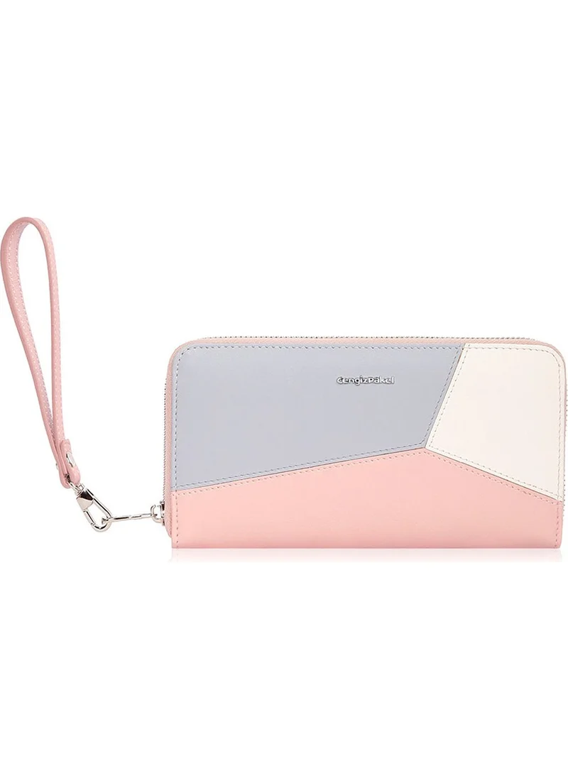 Cengiz Pakel Women's Wallet Women's Wallet Wrist Strap Large Size Powder 20cm x 10.5cm