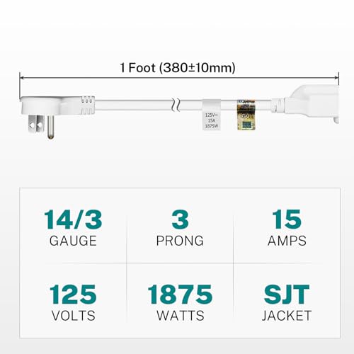 FIRMERST 1875W Low Profile Flat Plug 1Ft Extension Cord 14AWG 15A White - Image 2