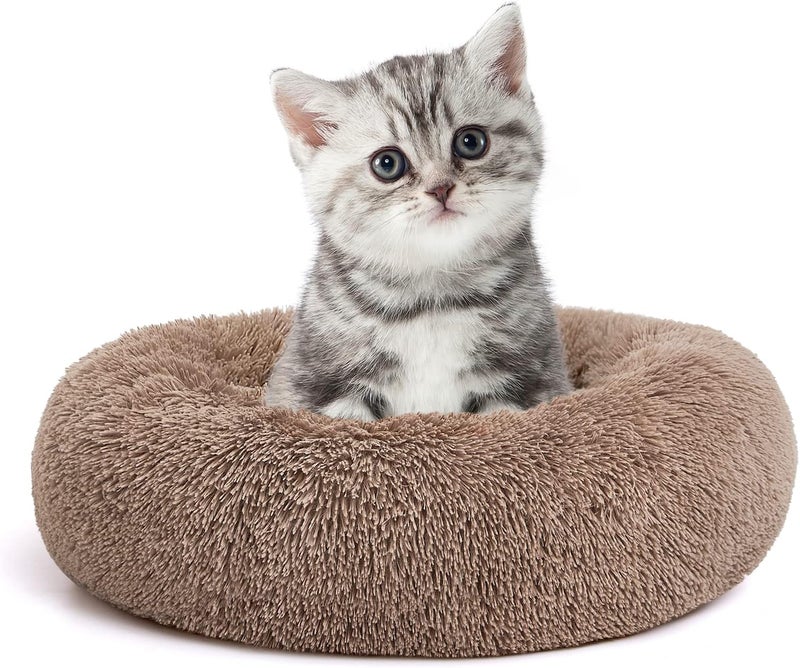 MIXJOY Calming Cat Bed - 20'' Donut Bed for Small Cats Up to 15lbs, Anti-Anxiety Plush Faux Fur, Washable (Brown) - Image 1