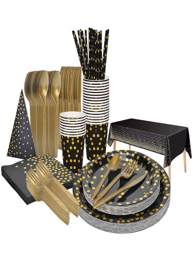 Aschef 202pcs Eco-Friendly Disposable Black and Gold Paper Plates Supplies Bulk Dinnerware Decorations for Party Wedding Birthday Dinner Dessert (25 Guest) - Image 2