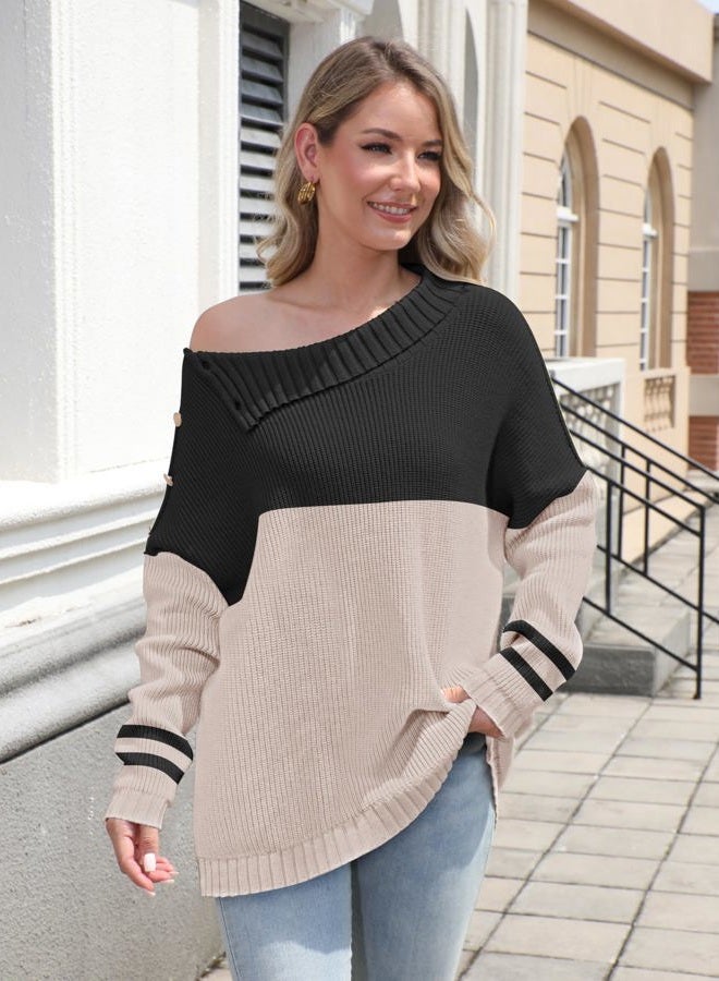SAUKOLE Womens Oversized Sweater Turtleneck Long Sleeve Knit Pullover Sweaters Casual Jumper Tops with Buttons, 222#blackapricot, L - Image 5