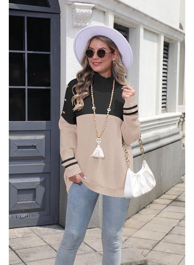 SAUKOLE Womens Oversized Sweater Turtleneck Long Sleeve Knit Pullover Sweaters Casual Jumper Tops with Buttons, 222#blackapricot, L - Image 3