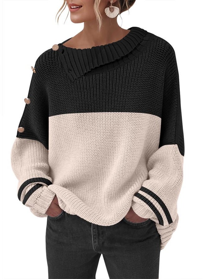 SAUKOLE Womens Oversized Sweater Turtleneck Long Sleeve Knit Pullover Sweaters Casual Jumper Tops with Buttons, 222#blackapricot, L - Image 1
